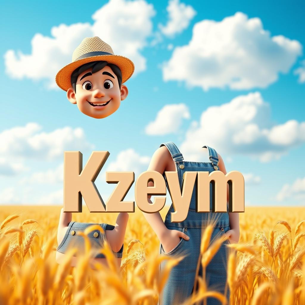A highly detailed 3D male character with a charming smile, wearing a straw hat and casual denim overalls, crafted in a blend of realistic and cartoon styles