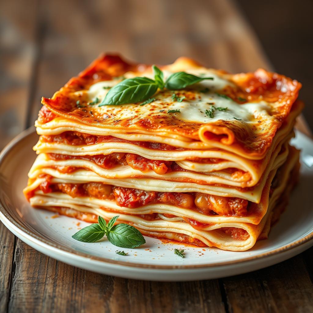 A realistic image of a delicious lasagna featuring very thin, long white zucchini slices as a key ingredient