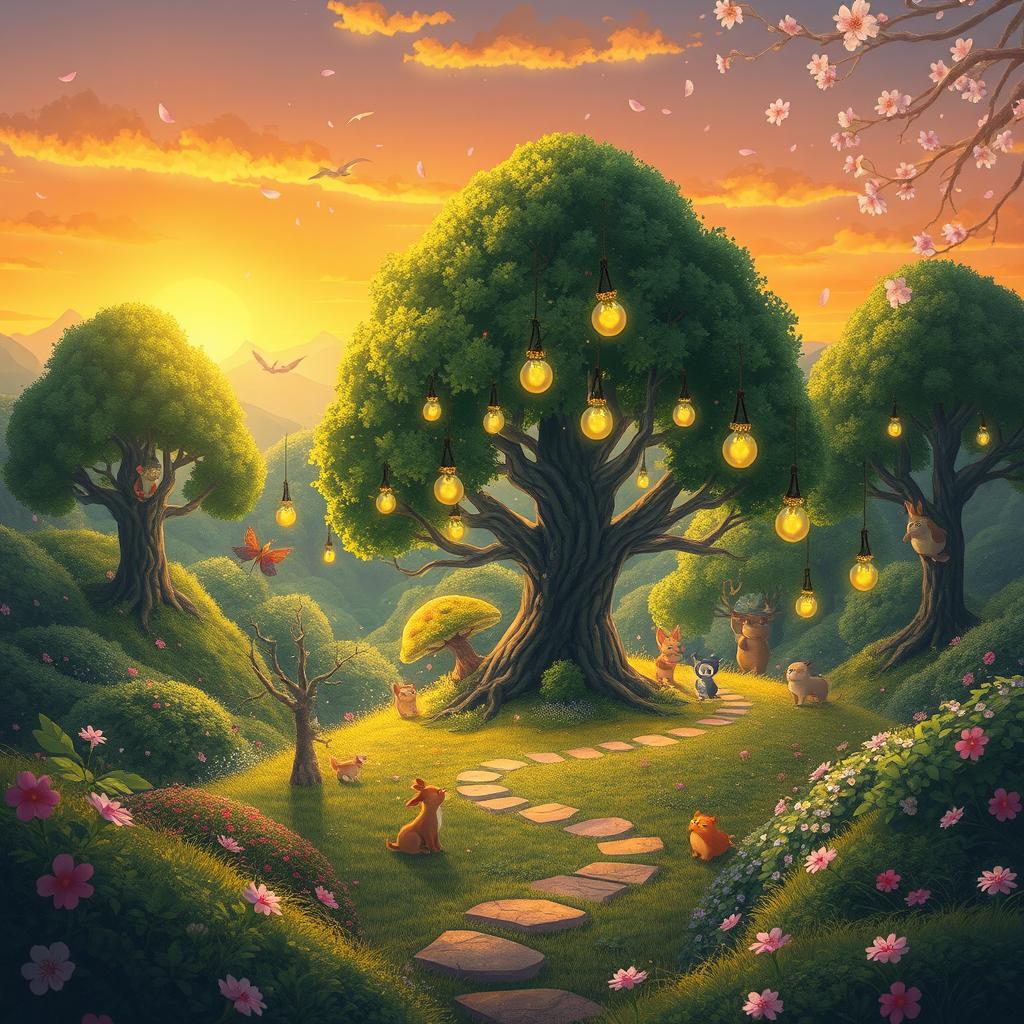 A whimsical landscape featuring a vibrant, enchanted forest teeming with fantastical creatures and lush greenery, reminiscent of Studio Ghibli's enchanting animation style