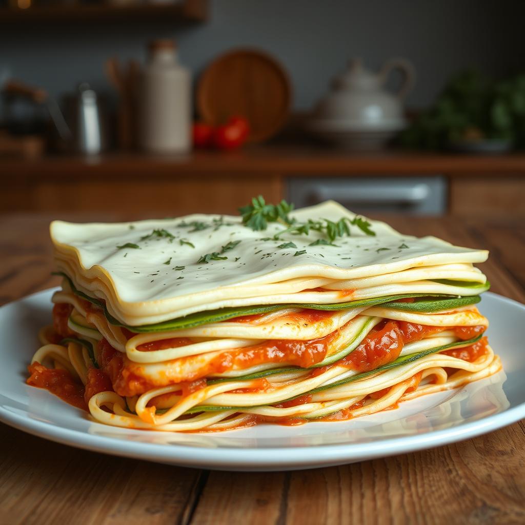 A realistic depiction of a lasagna made with very thin, elongated white zucchini slices, arranged beautifully in layers