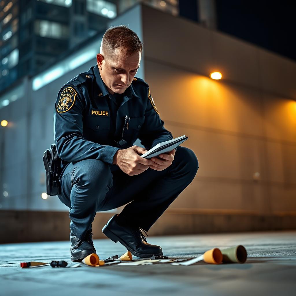 A determined police officer in a modern urban setting, clad in a dark blue uniform, equipped with a radio and notebook