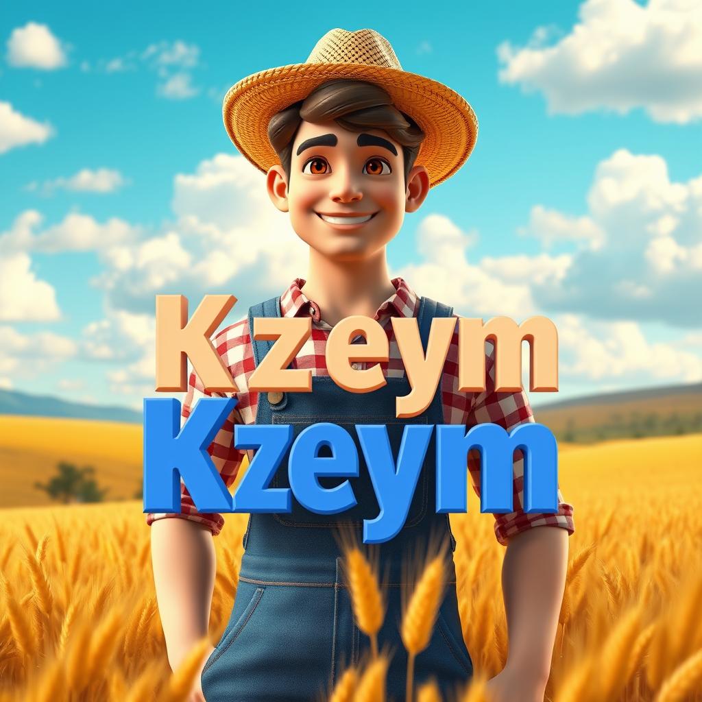 A striking 3D male character with a warm smile, wearing a straw hat and denim overalls, presented in a captivating blend of realistic and cartoon styles