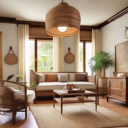 An antique-themed, comfortable living room featuring teakwood decoration and a hanging rattan light fixture.