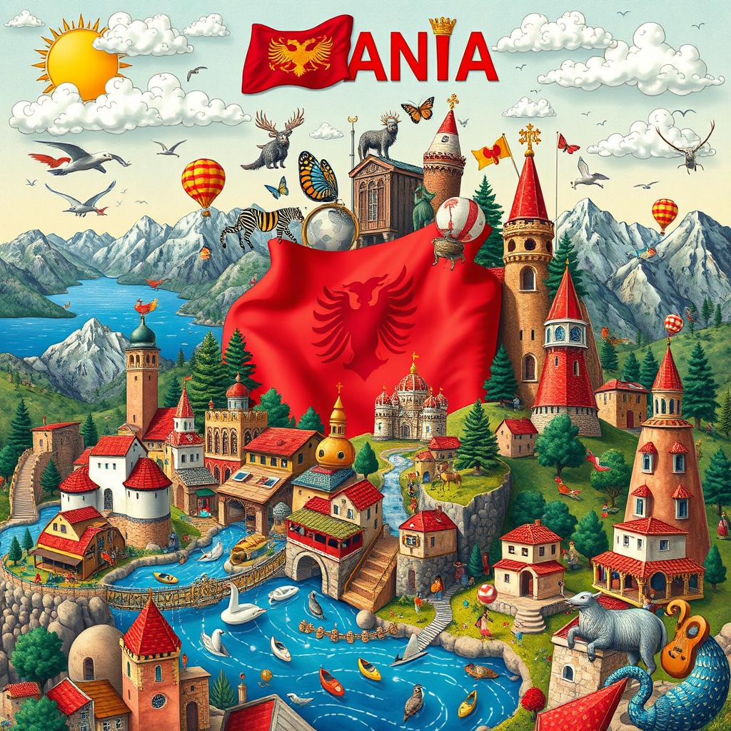 A vibrant and surreal depiction of Albania, blending iconic elements of Albanian culture with whimsical and chaotic imagery