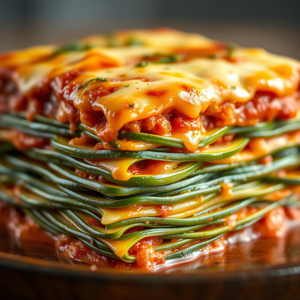 A realistic depiction of lasagna made with very thin, long slices of zucchini arranged in layers, resembling traditional lasagna