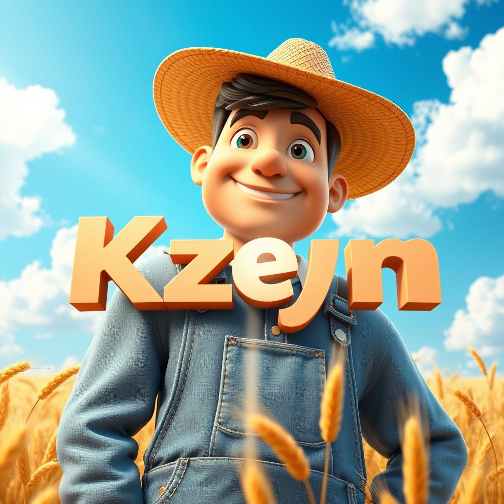 An impressive 3D male character with a friendly demeanor, wearing a straw hat and denim overalls, rendered in a vivid mix of realistic and cartoon aesthetics