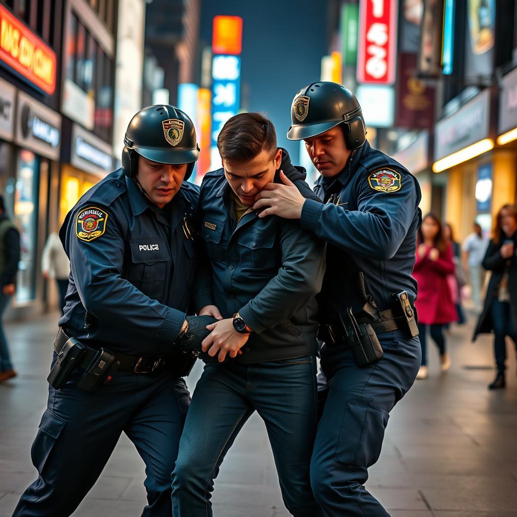 A dynamic scene depicting police officers skillfully arresting a criminal in an urban environment