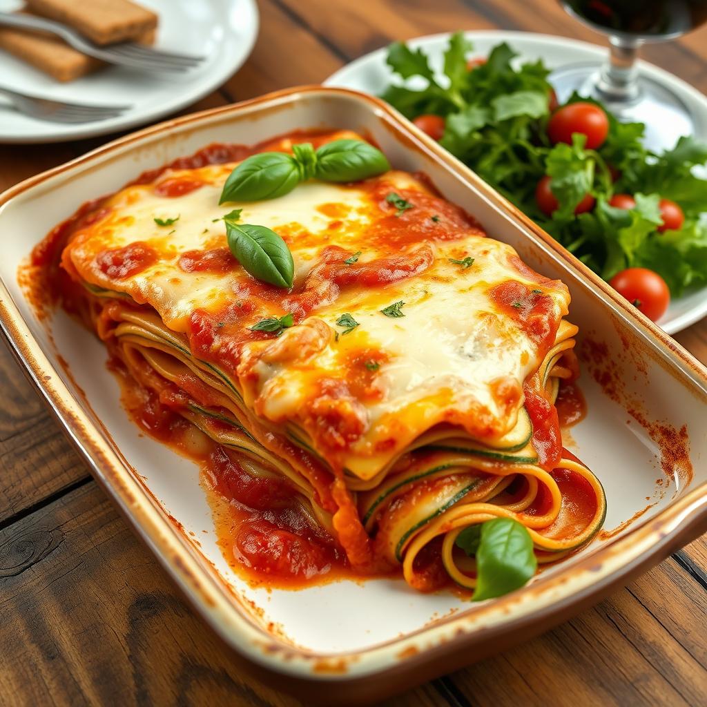 A realistic depiction of a lasagna made with very thin, elongated slices of zucchini instead of traditional pasta, layered with rich marinara sauce, melted cheese, and fresh basil