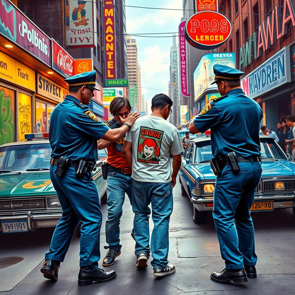 A vibrant scene depicting police officers in 1990s style uniforms, arresting a criminal in an urban street setting