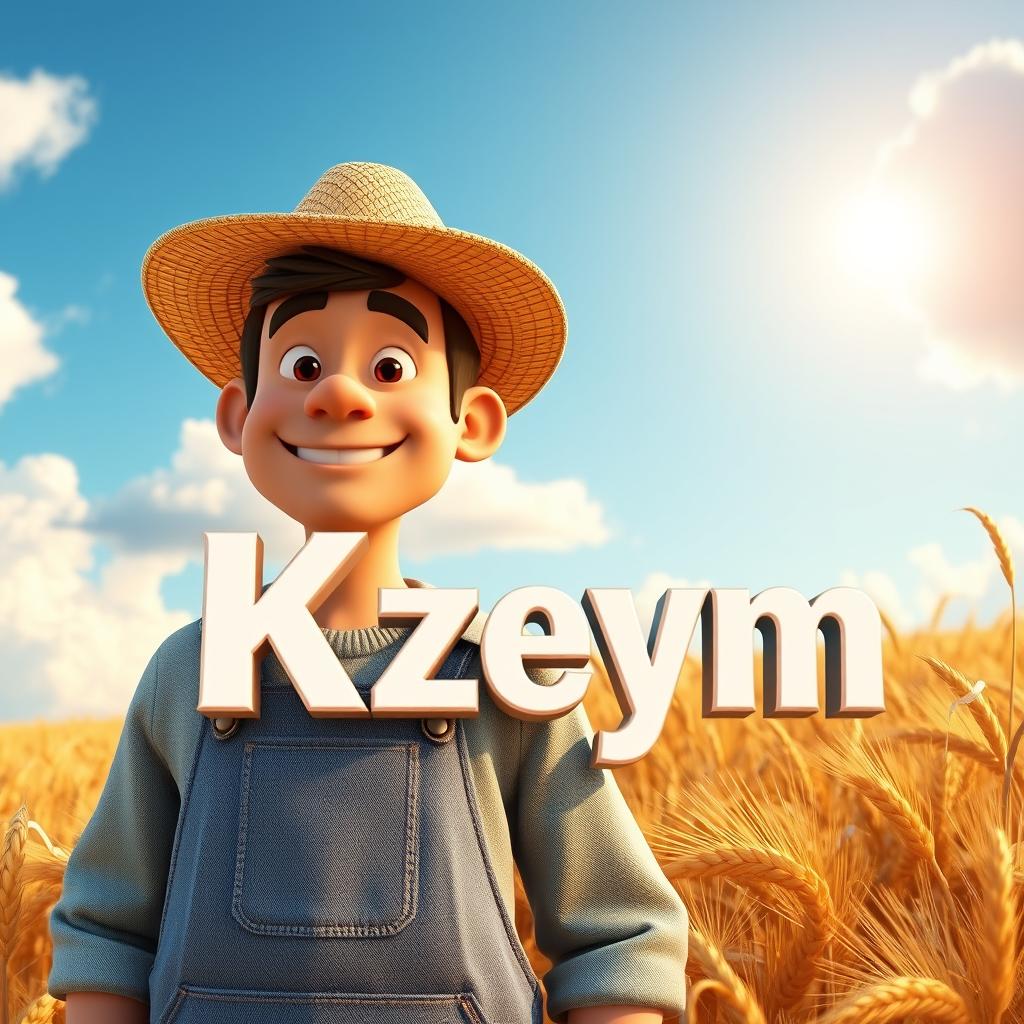 A stunning 3D male character exuding a friendly vibe, donned in a straw hat and denim overalls, presented in a harmonious blend of realistic and cartoon aesthetics