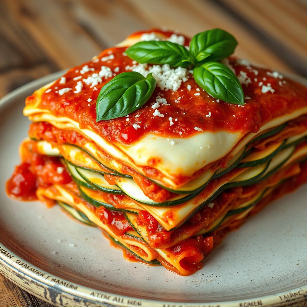 A realistic depiction of lasagna made with very thin, long slices of zucchini instead of traditional pasta