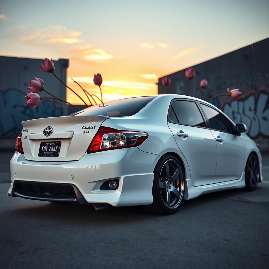 A modified 2010 white Toyota Corolla, showcasing its sleek design with sporty enhancements