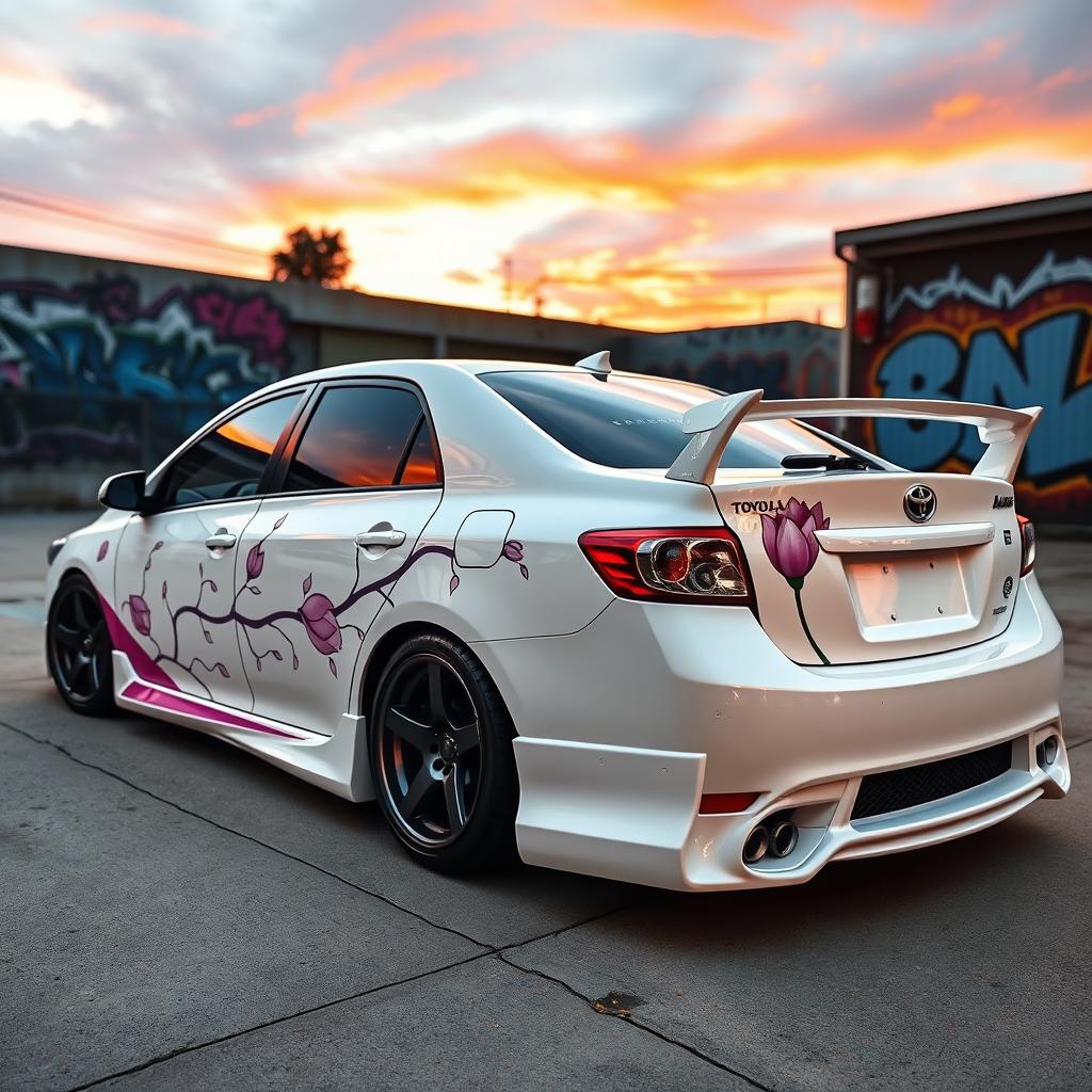 A modified 2010 white Toyota Corolla, featuring a sleek design and sporty enhancements