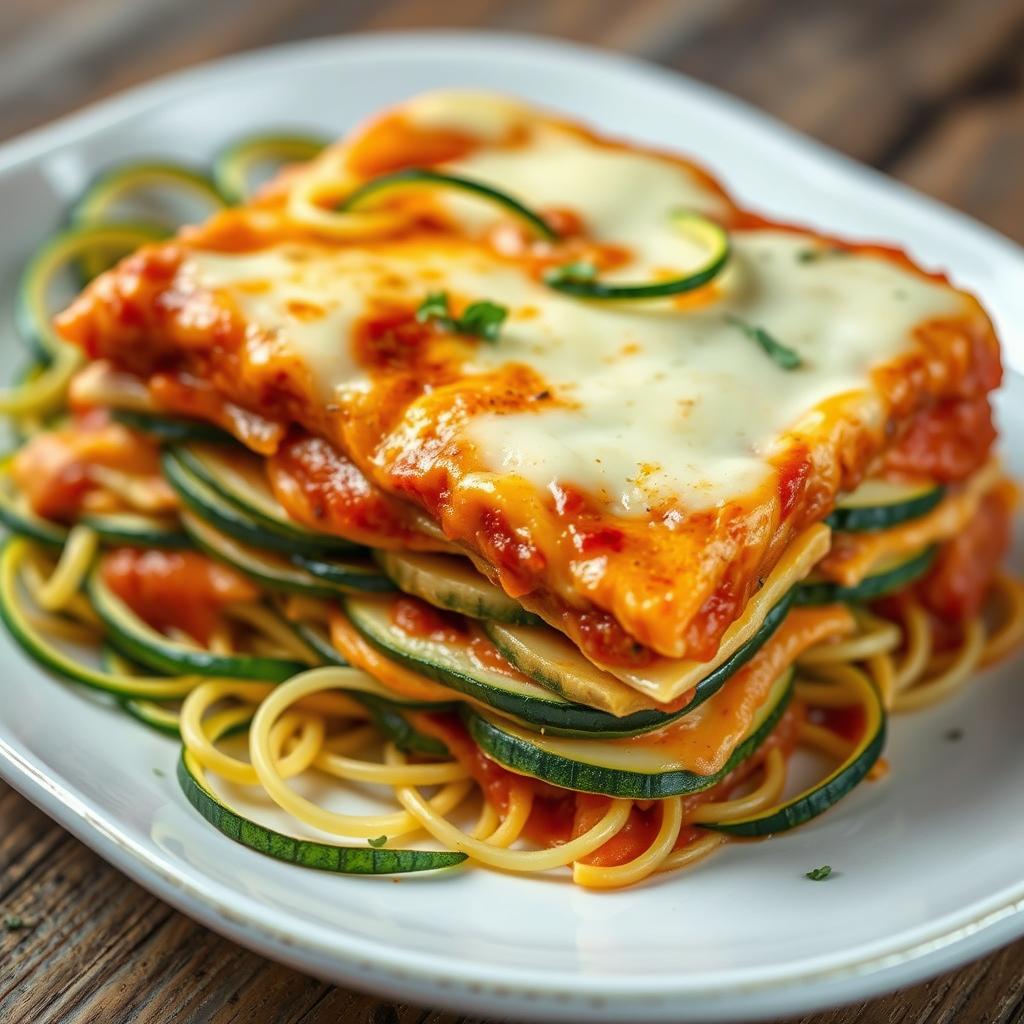 Realistic depiction of lasagna made with very thin, long slices of zucchini, showcasing the layers of pasta, cheese, and sauce