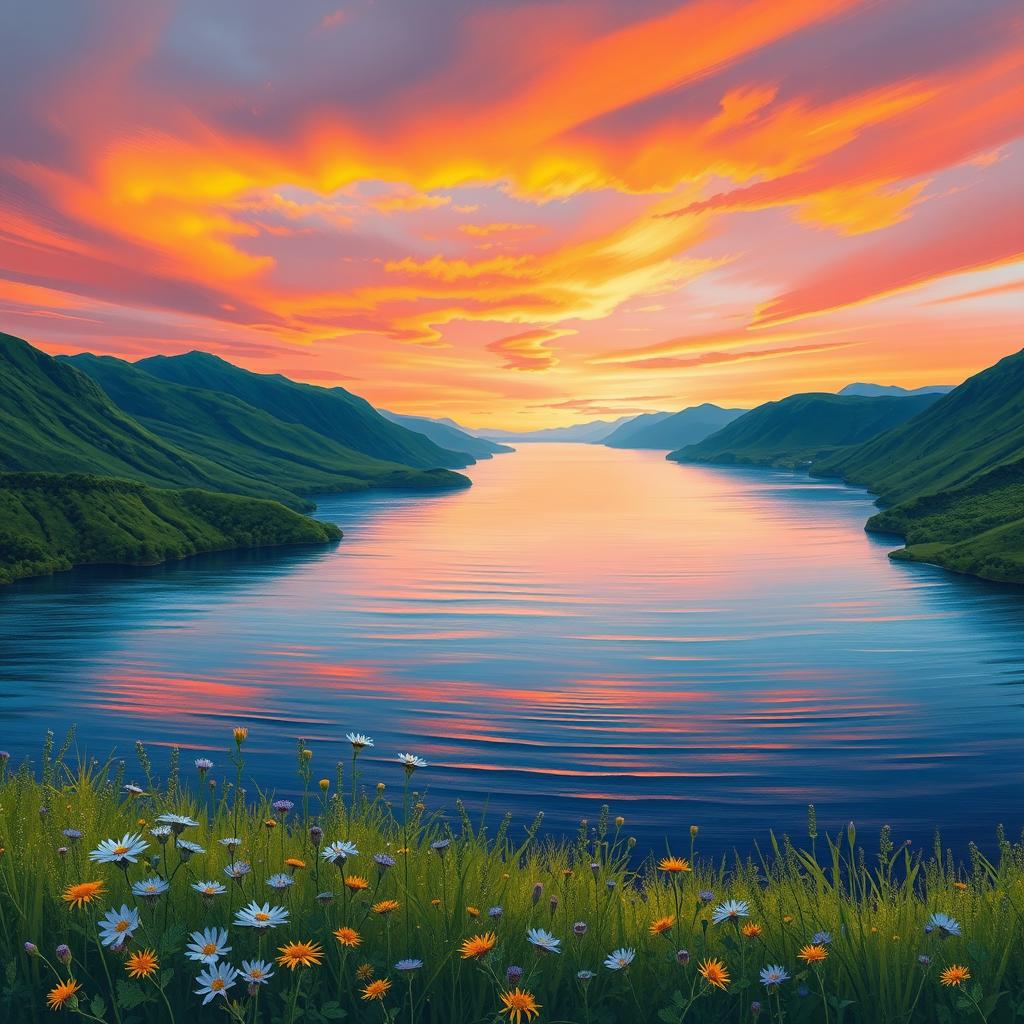 A serene landscape featuring a tranquil lake surrounded by lush green mountains under a vibrant sunset sky with hues of orange, pink, and purple