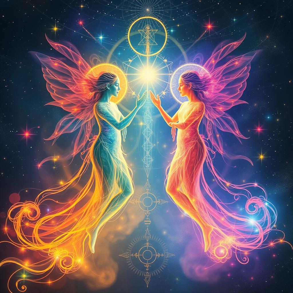 Two spiritual astral projections in vibrant colors, energetically colliding with each other, representing the concept of reincarnation and multi-dimensional communication