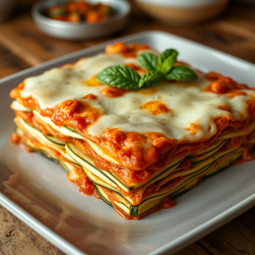 A realistic depiction of a lasagna made with thin, long slices of zucchini instead of traditional pasta sheets