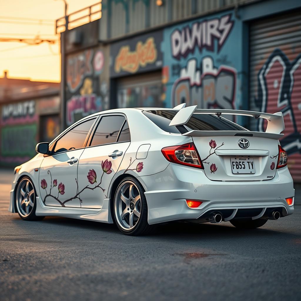 A highly detailed modified 2010 white Toyota Corolla, featuring an aggressive stance with a custom body kit that includes aerodynamic side skirts and a rear spoiler