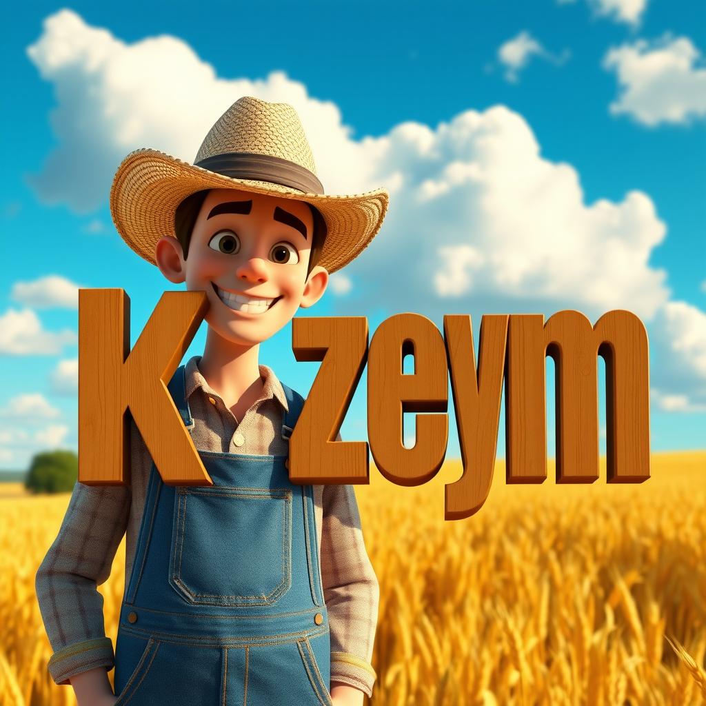 A captivating 3D male character with an inviting smile, wearing a straw hat and denim overalls, skillfully rendered in a blend of realistic and cartoon styles