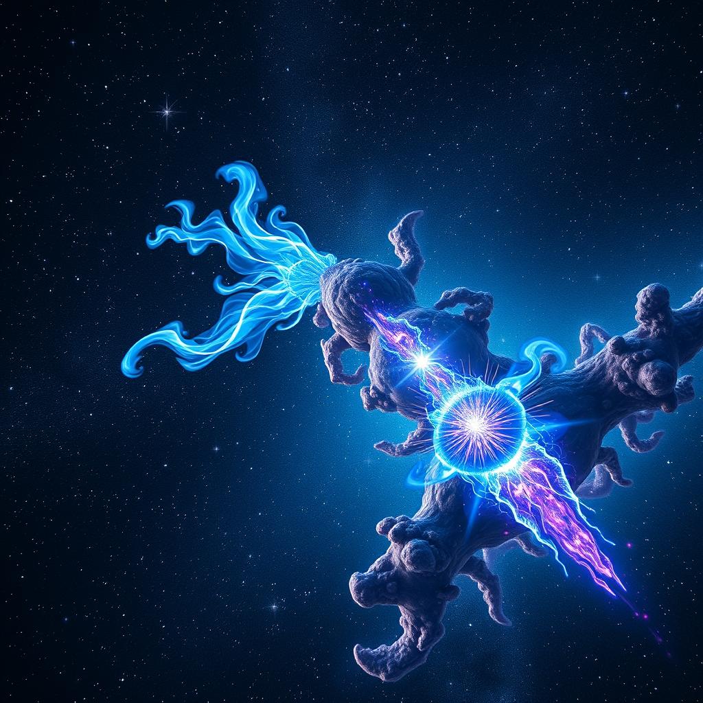 A cosmic scene depicting two energetic bodies engaged in an epic battle, soaring through the vastness of the Milky Way galaxy