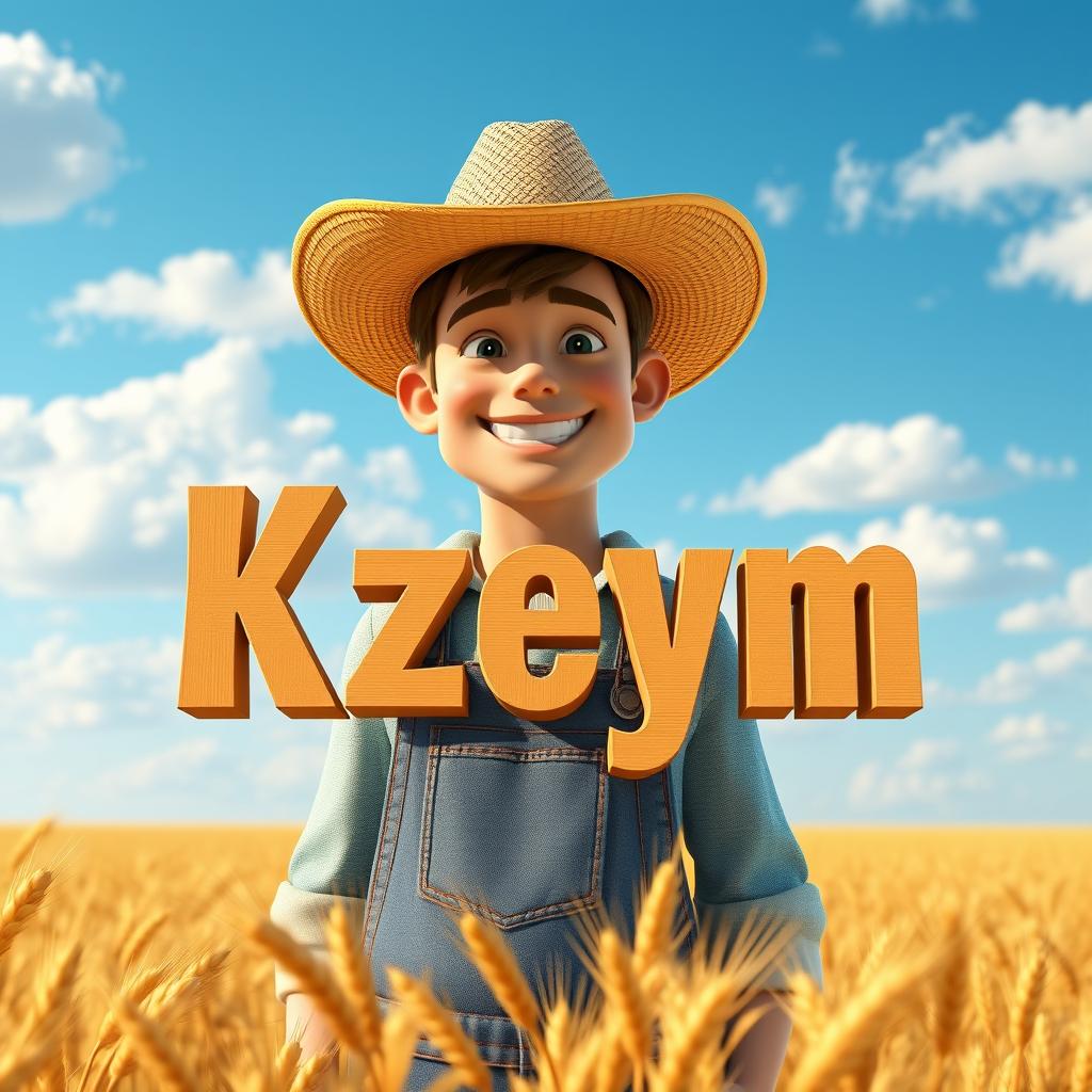 A striking 3D male character with a welcoming smile, wearing a stylish straw hat and denim overalls, beautifully rendered in a blend of realistic and cartoon styles