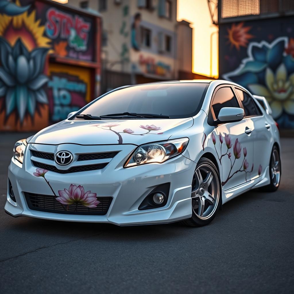 A highly detailed modified 2010 white Toyota Corolla, featuring a sporty front end with a custom grille and sleek aerodynamic lines