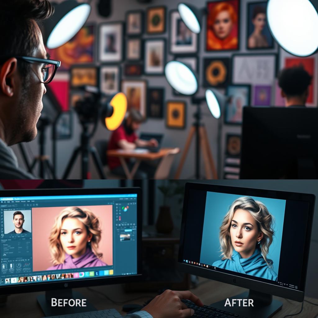 A photographer skillfully editing a photograph on a computer, showcasing a vibrant photo studio filled with colorful backdrops, soft lighting, and various editing tools on the screen