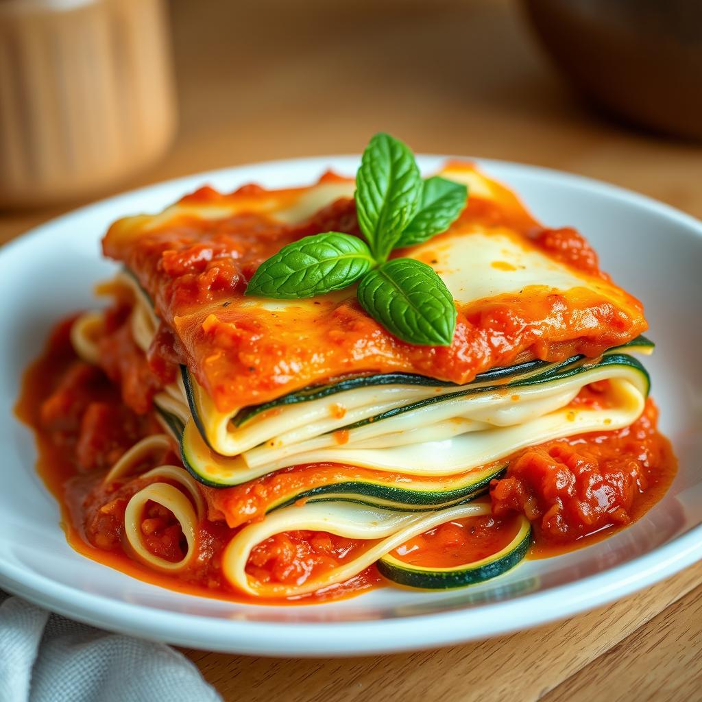 A realistic dish of lasagna featuring very thin, elongated strips of zucchini layered beautifully with cheese and rich tomato sauce
