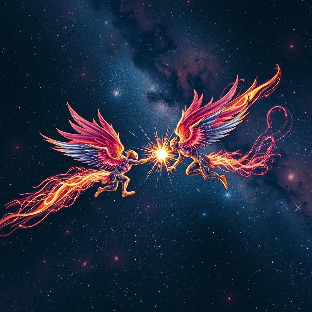 An introduction to the Milky Way: two energetic beings in flight, engaged in a fierce battle against a backdrop of the vast, starry cosmos