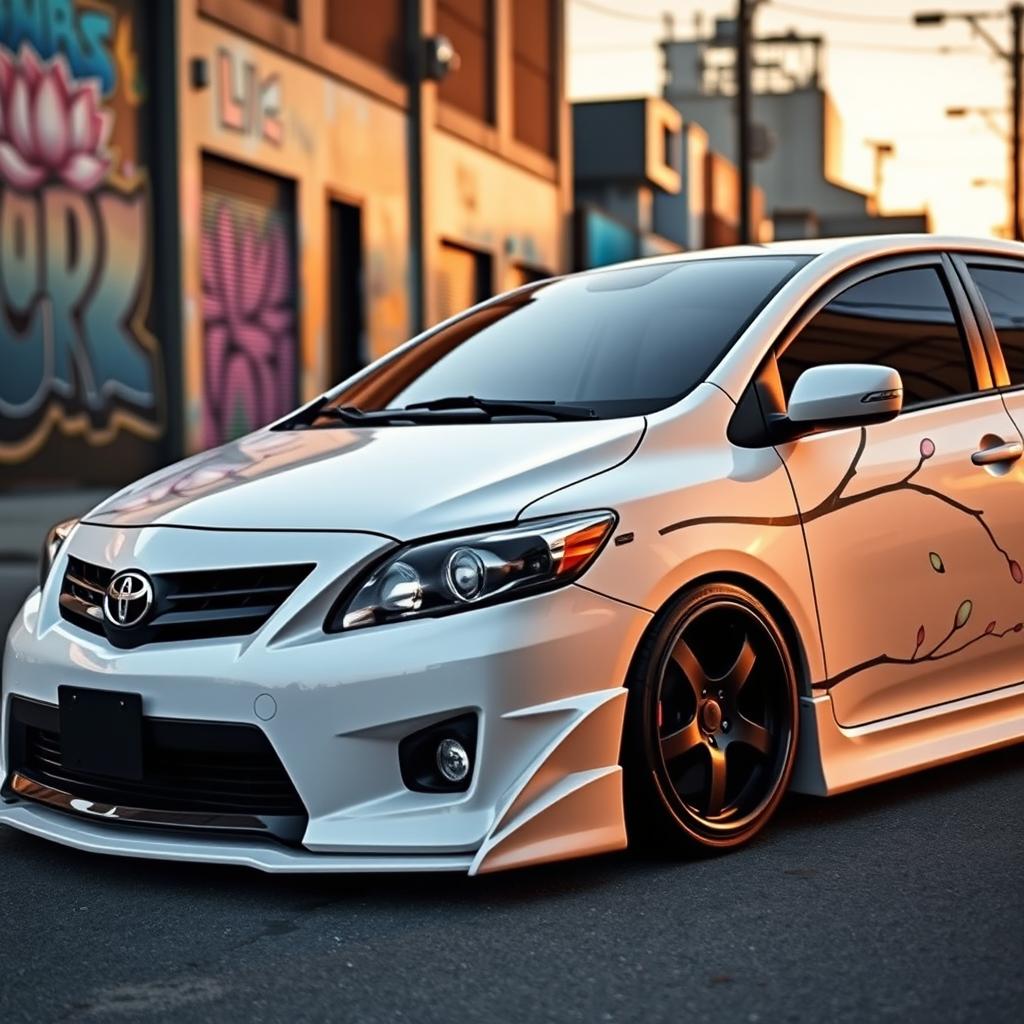 A highly detailed modified 2010 white Toyota Corolla, showcasing a sporty appearance with a sleek custom body kit and lowered suspension for an aggressive stance