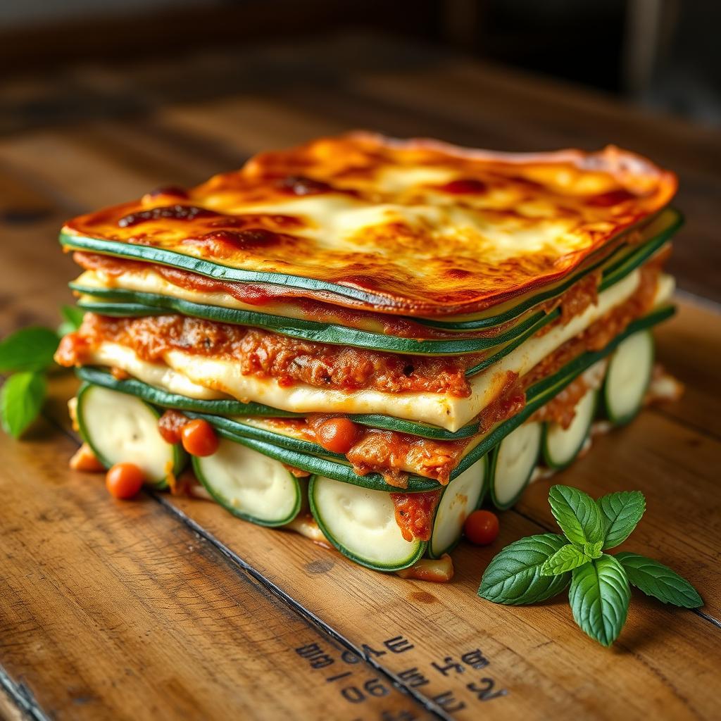 A delicious lasagna made with ultra-thin lengthwise slices of zucchini, showcasing the layers of cheese, meat, and sauce in a beautifully baked dish