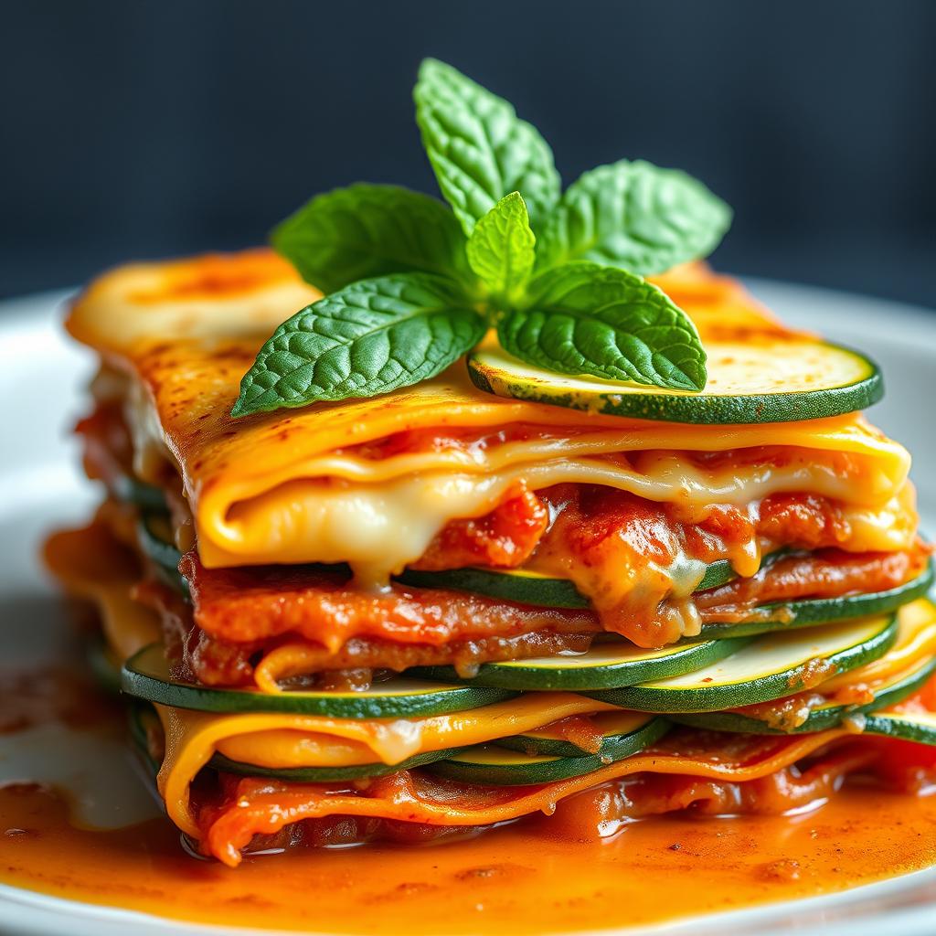 A realistic depiction of lasagna layered with extremely thin long zucchini slices, showcasing the delicious looking texture and ingredients