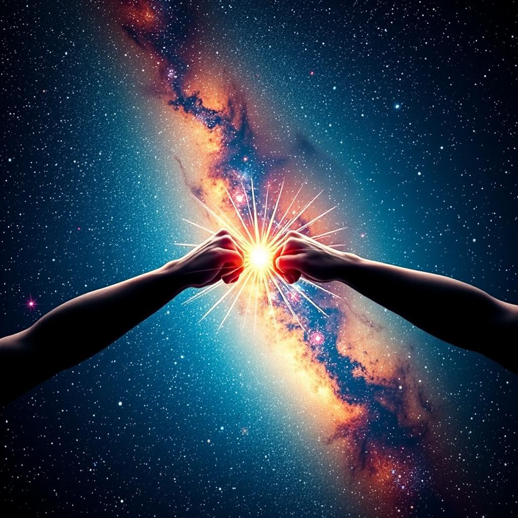 An introduction to the Milky Way featuring two energetic beings engaging in a fist bump, surrounded by a stunning cosmic background filled with stars, galaxies, and colorful nebulae