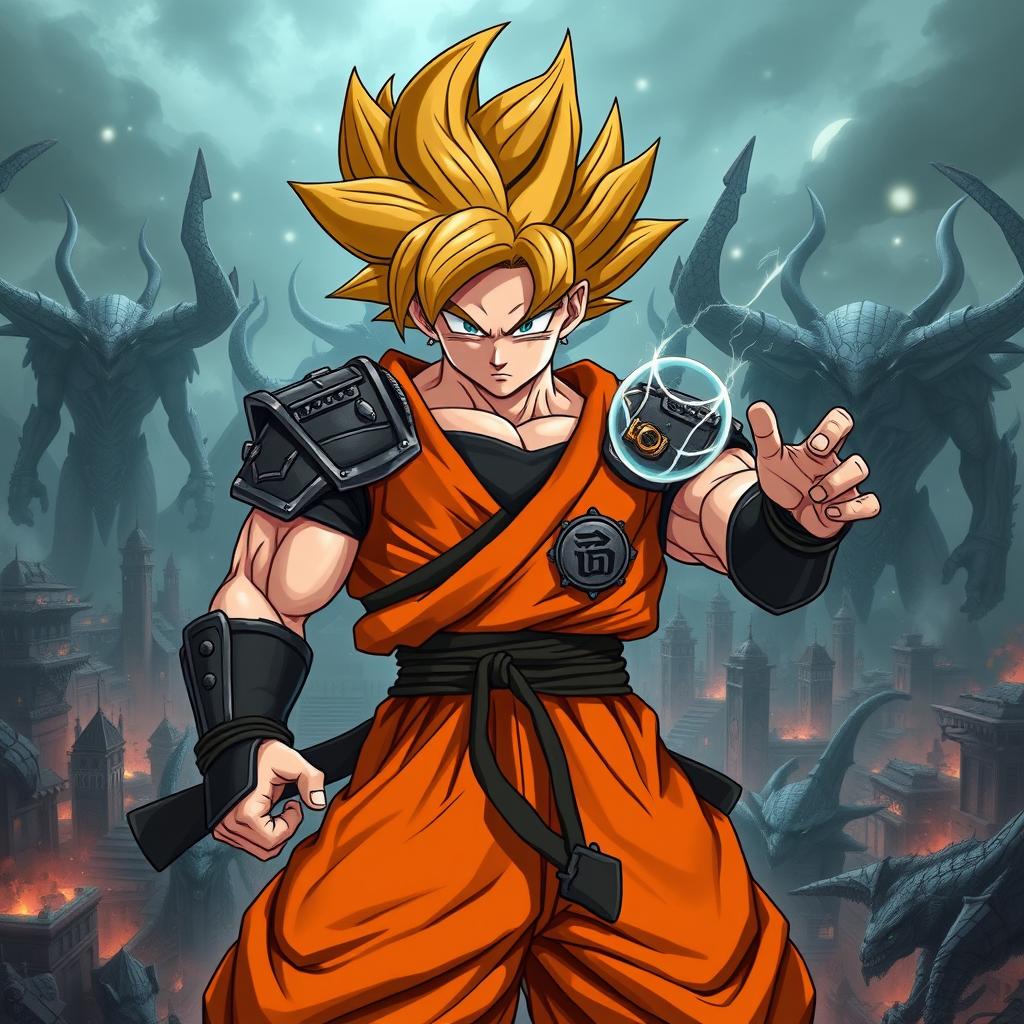 Goku, the iconic Saiyan warrior from Dragon Ball, depicted in the dark fantasy universe of Solo Leveling