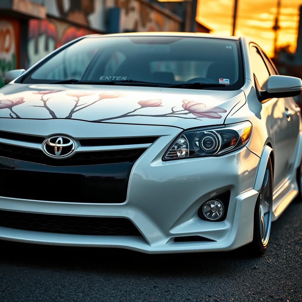 A highly detailed modified 2010 white Toyota Corolla, showcasing a sporty design with an aggressive front end featuring a custom black grille and sleek aerodynamic lines
