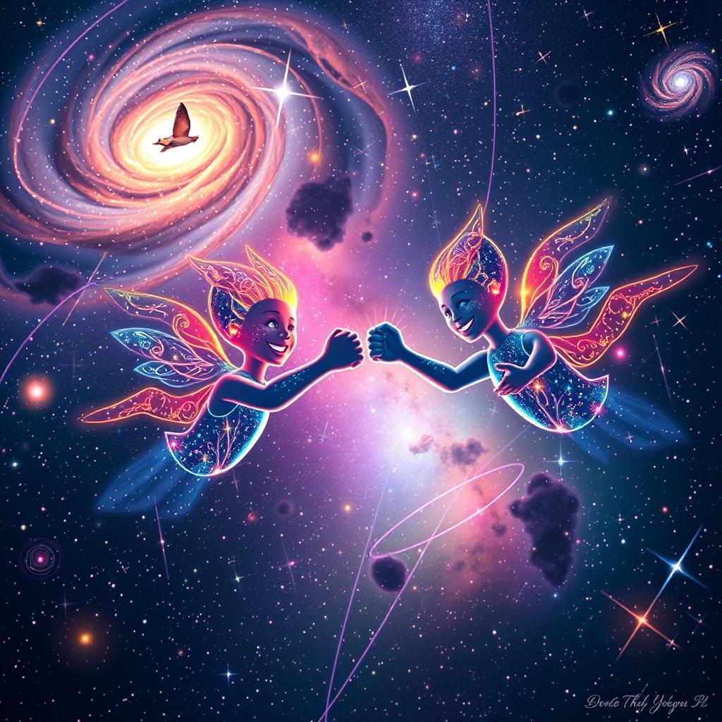 An introduction to the Milky Way featuring two energy beings in flight, showcasing their faces as they fist bump in a cosmic setting