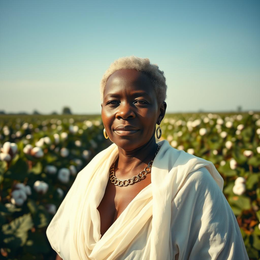 A mature ebony woman in a cotton plantation setting, elegantly draped in lightweight cotton fabric that reflects the light beautifully