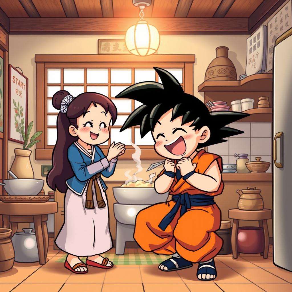 A whimsical, humorous scene featuring Goku from Dragon Ball, engaging playfully with Chi-Chi, his wife