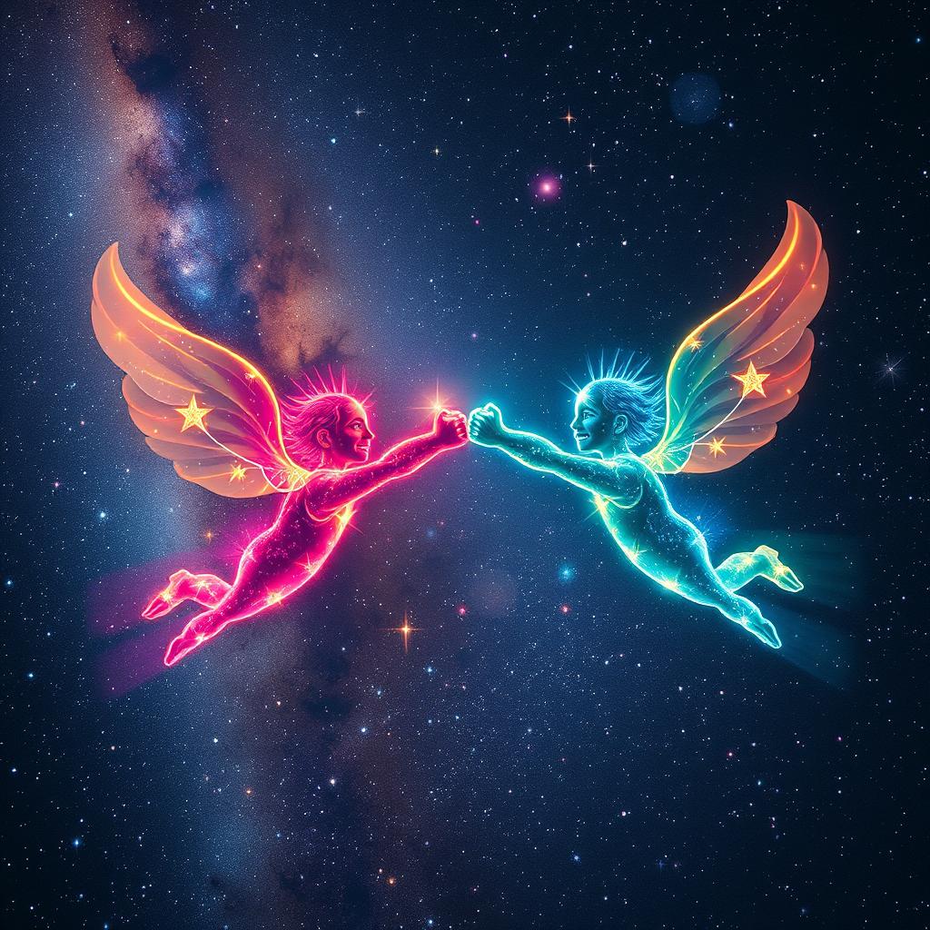 An introduction to the Milky Way featuring two energy beings in flight, showcasing their faces as they fist bump against a stunning astral background