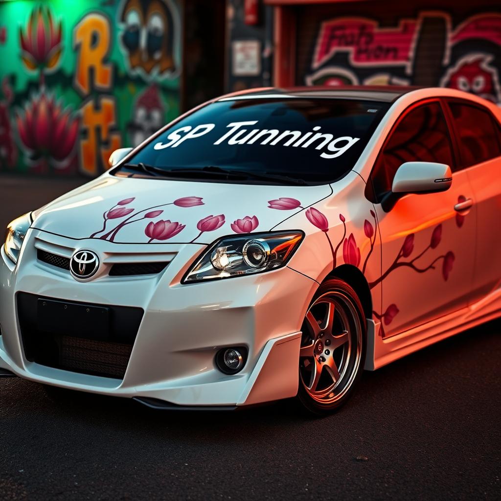 A highly detailed modified 2010 white Toyota Corolla, showcasing a bold and sporty design with a custom front end featuring a prominent black grille and sleek lines for a dynamic look