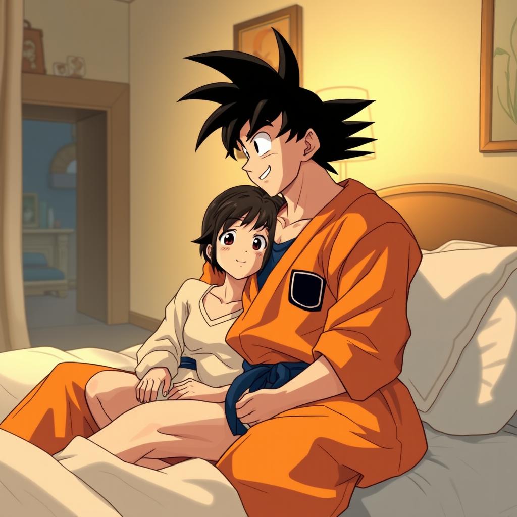 A nostalgic and tender scene featuring Goku and Chi-Chi in a cozy bedroom setting, reflecting their loving relationship