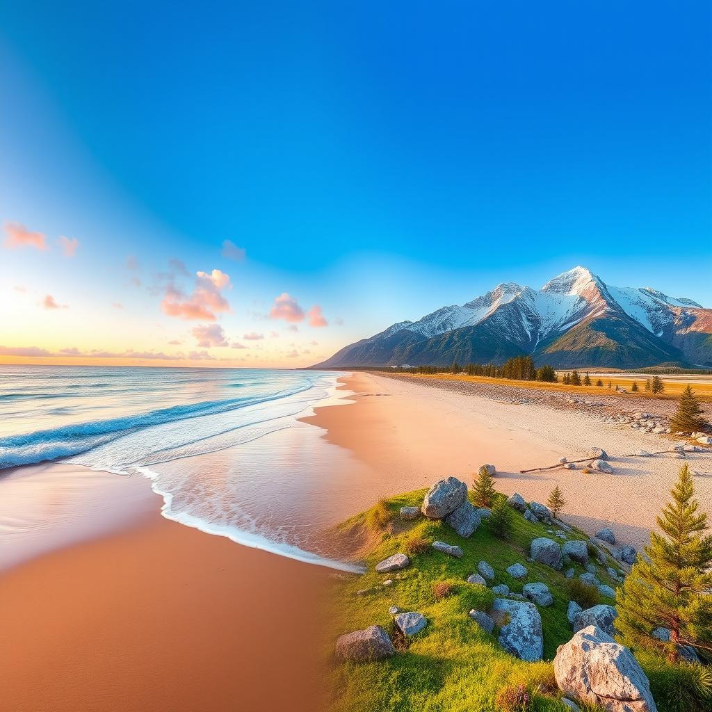 A visually stunning digital collage featuring a seamless blend of two landscapes: the first half showcasing a serene beach at sunset, with soft golden sands and gentle waves reflecting the orange and pink hues of the sky, while the second half presents a majestic mountain scene with snow-capped peaks under a clear blue sky