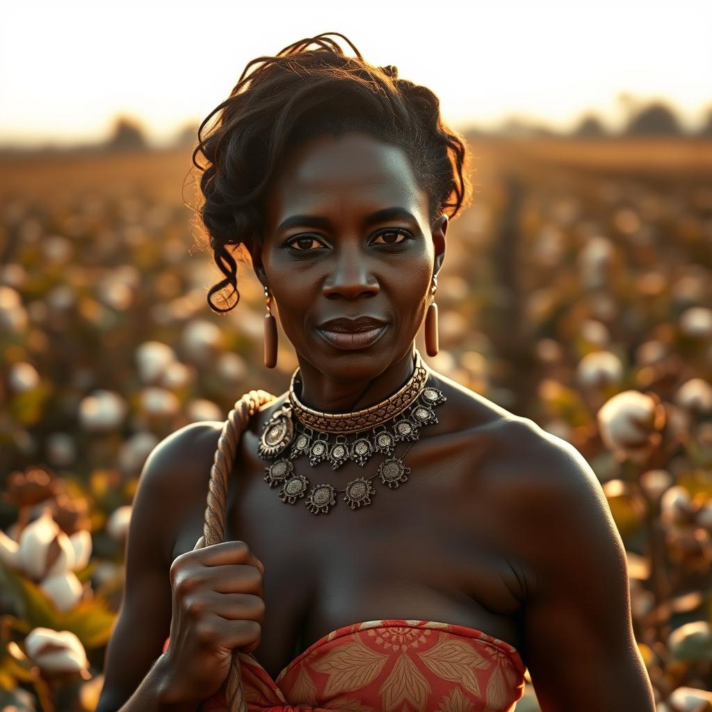 A striking portrait of a mature ebony woman, embodying strength and beauty, set in a historical plantation backdrop