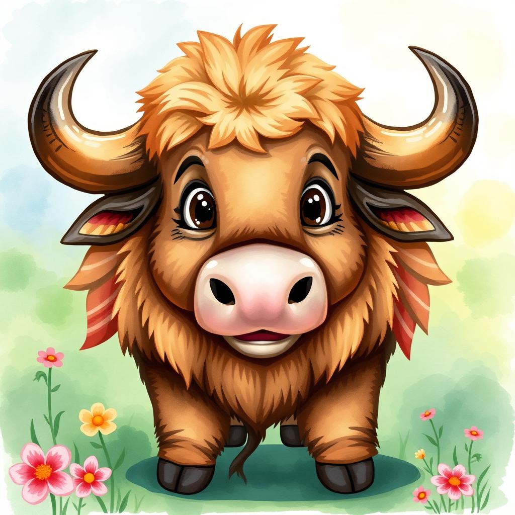 A vibrant and colorful cartoon-style buffalo illustrated in a watercolor technique