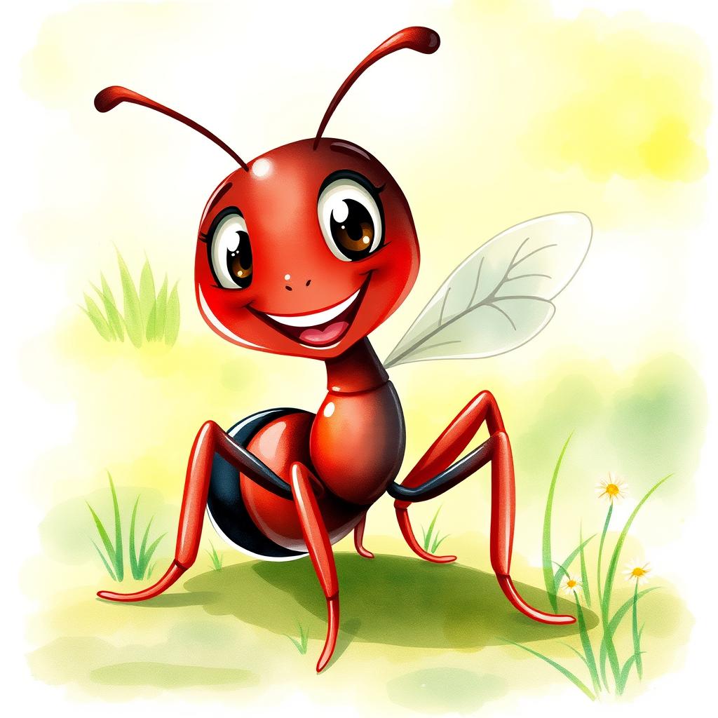 A colorful and playful cartoon-style ant illustrated in a watercolor technique