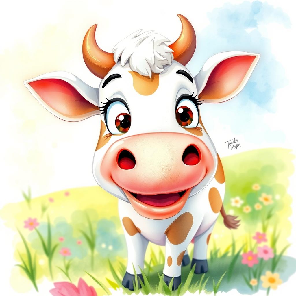 A whimsical cartoon cow featuring a playful expression, painted in vibrant watercolor style with a splash of color