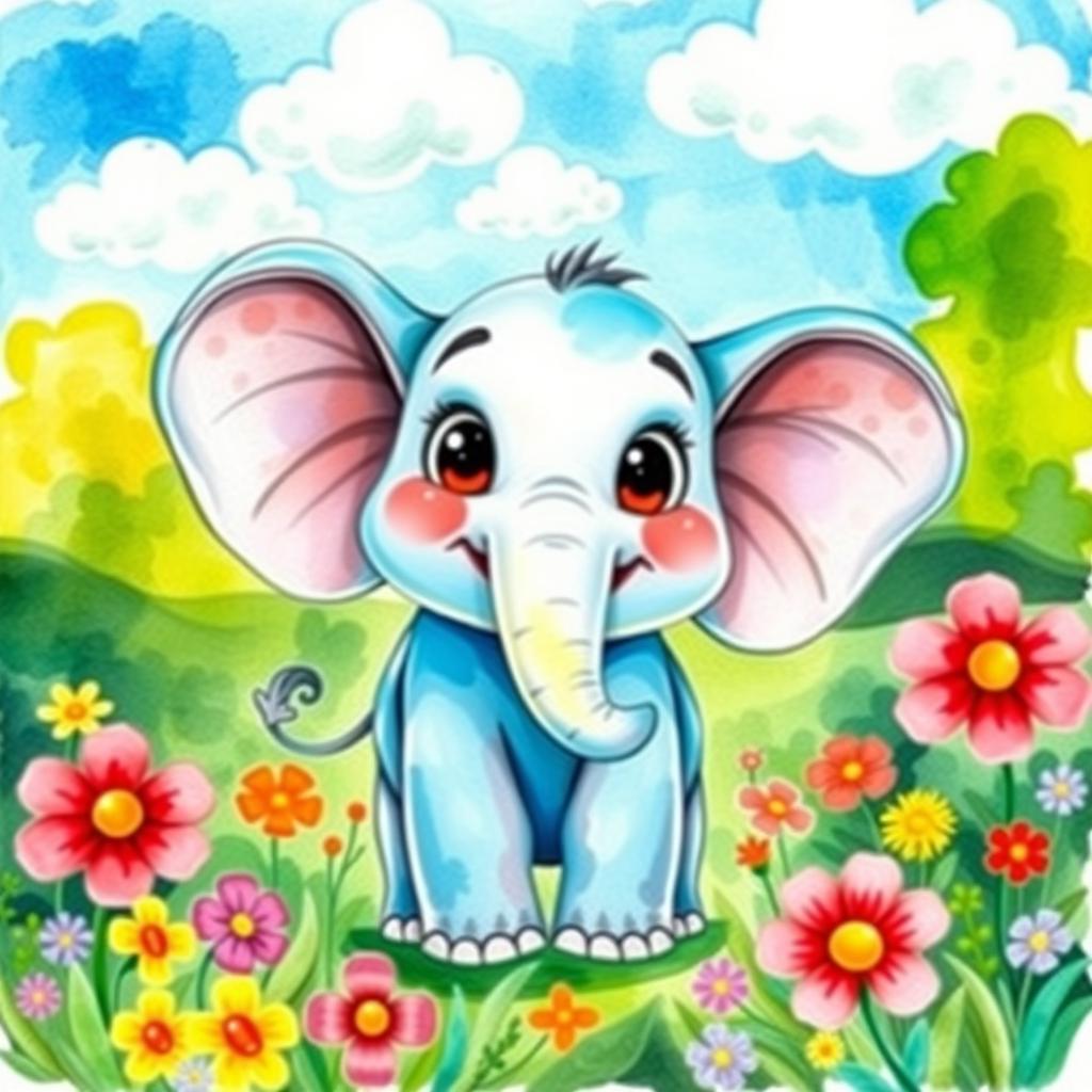A whimsical cartoon elephant, painted in vibrant watercolour, with soft and fluid brush strokes creating a playful and cheerful appearance