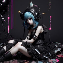 A glitch aesthetic, black & white anime girl featuring significantly large ears, dressed in an eclectic mix of sandalpunk, party kei, and royalcore fashion, in a dramatically slumped or draped pose.