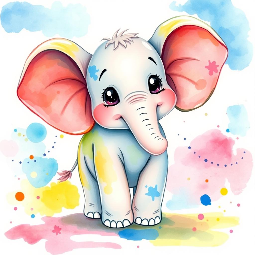 A charming cartoon elephant painted in a colorful watercolour style