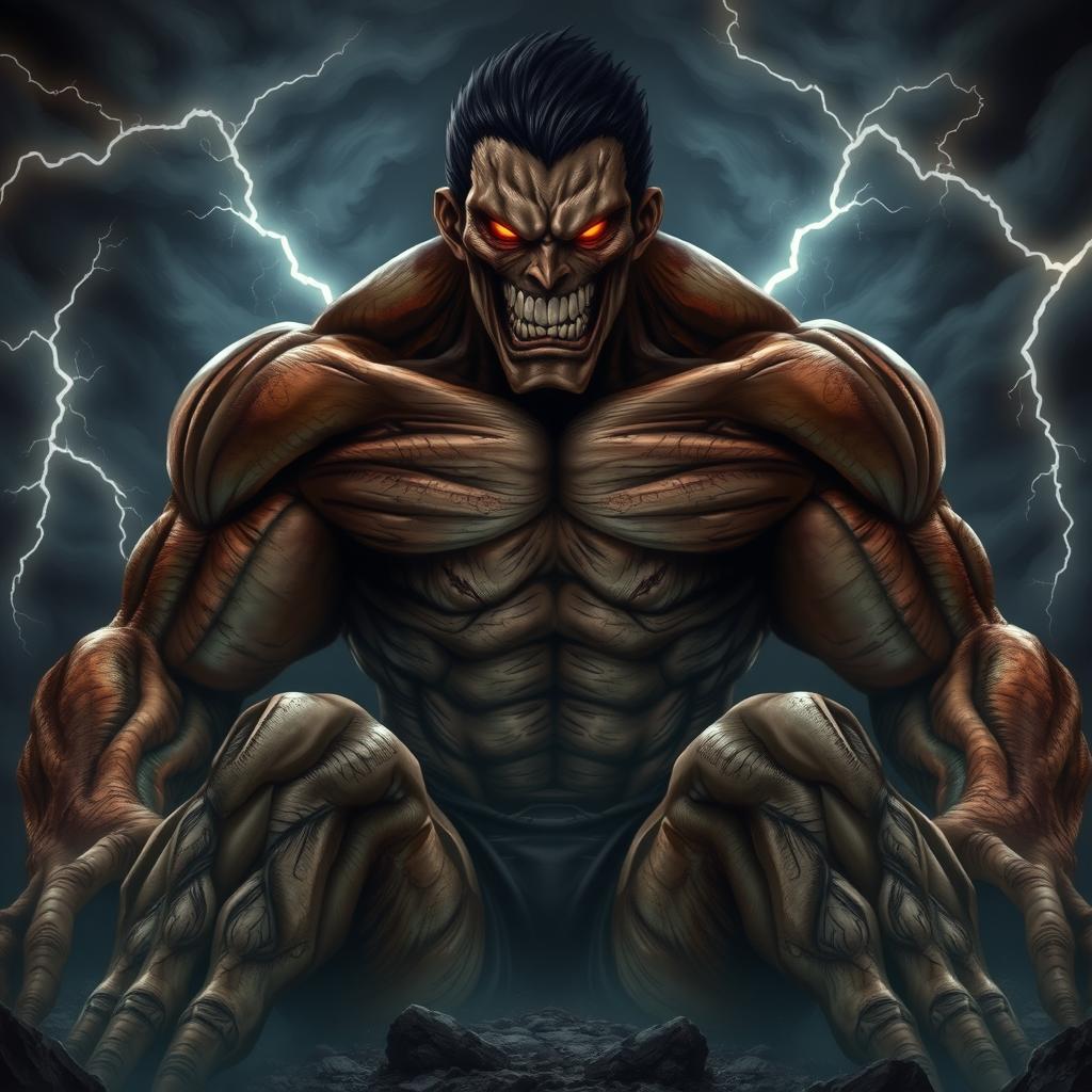A colossal titan sitting with an angry expression that evokes fear